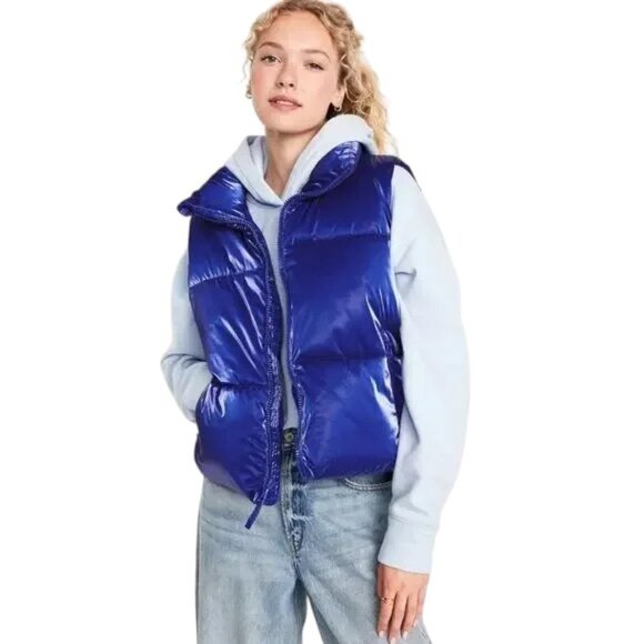Old Navy Womens Blue Zip Water Resistant Shiny Quilted Puffer Vest Coat Jacket M - Picture 1 of 6